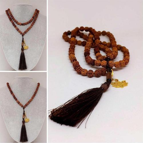 Rudraksha Tohumlu Kahverengi Püsküllü Lotus Aparatlı 108'lik Tibet Stili El Yapımı Mala Kolye