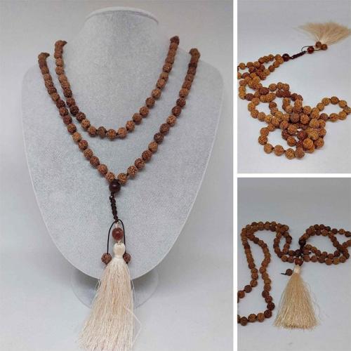 Rudraksha Tohumlu Krem Püsküllü 108'lik Ara Düğümlü el Yapımı Mala Kolye