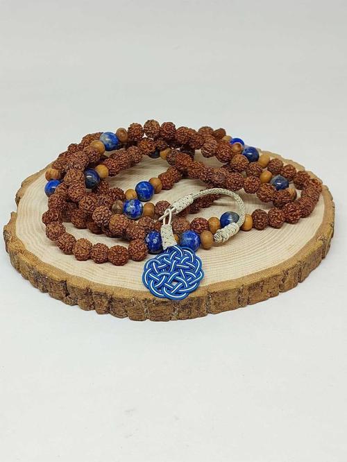 Rudraksha Tohumlu Lapis Taşlı 108'lik El Yapımı Bakır Kazazlı Mala Kolye