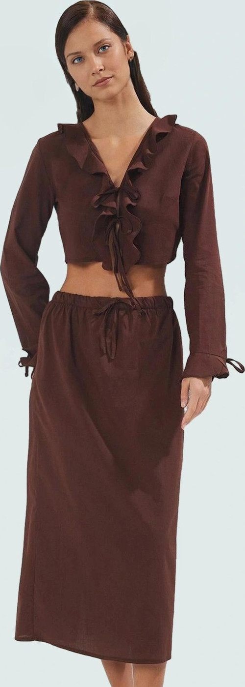 Yazlık Kadın Uzun Kollu Pamuklu Bluz Etek Takım Plaj Modası Profesyonel Görünüm Modern Stil