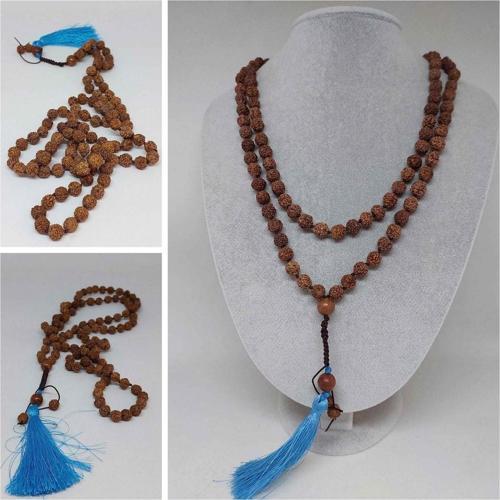 Rudraksha Tohumlu Mavi Püsküllü 108'lik Ara Düğümlü el Yapımı Mala Kolye