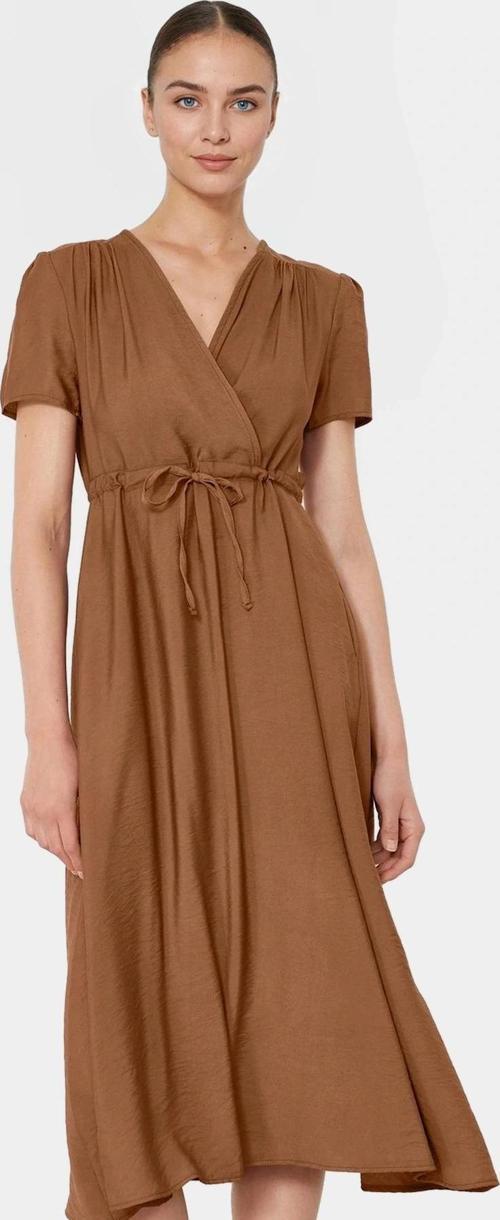 Kadın V Yaka Kısa Kollu Midi Elbise Viskoz Karışımlı Dokuma Kumaş Şık Görünüm Uzun Ömürlü