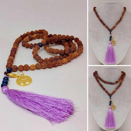 Rudraksha Tohumlu Mor Püsküllü Yaşam Ağacı Aparatlı 108'lik Tibet Stili El Yapımı Mala Kolye
