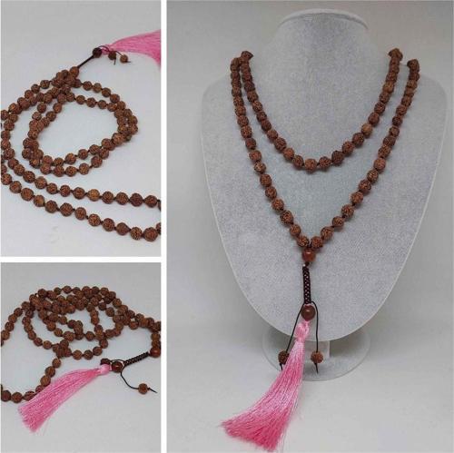 Rudraksha Tohumlu Pembe Püsküllü 108'lik Ara Düğümlü el Yapımı Mala Kolye