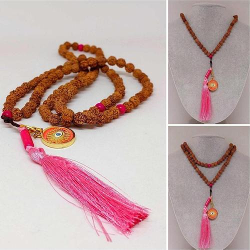 Rudraksha Tohumlu Pembe Püsküllü Göz Aparatlı 108'lik Tibet Stili El Yapımı Mala Kolye