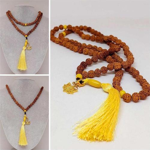 Rudraksha Tohumlu Sarı Püsküllü Lotus Aparatlı 108'lik Tibet Stili El Yapımı Mala Kolye