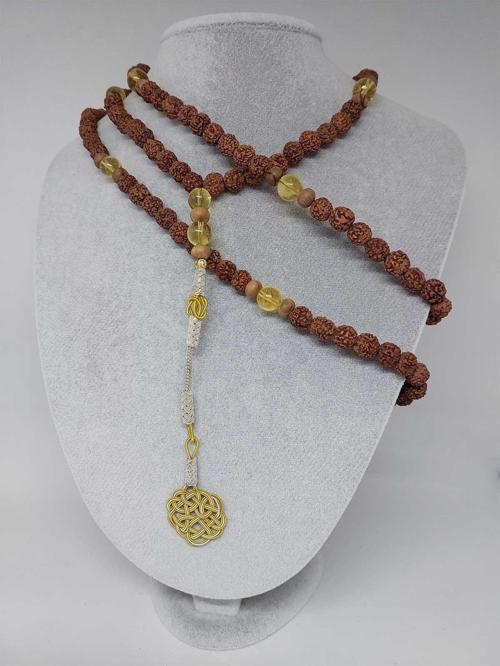 Rudraksha Tohumlu Sitrin Taşlı 108'lik El Yapımı Bakır Kazazlı Mala Kolye