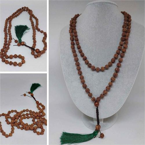 Rudraksha Tohumlu Yeşil Püsküllü 108'lik Ara Düğümlü el Yapımı Mala Kolye