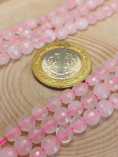Pembe Kuvars Taşı YASSI Faset Kesim YARIM Dizi 6x4mm (18cm uzunluğundadır)
