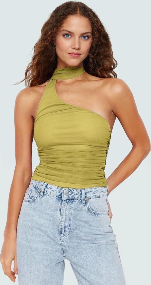 Asimetrik Yaka Kolsuz Fitted Örme Bluz Esnek Polyester Günlük Stil Kaliteli İşçilik Mükemmel Uyum