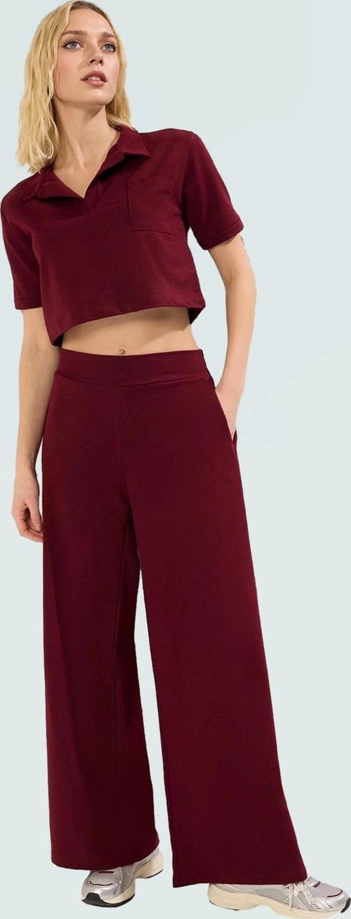 Kadın Örme Kısa Kollu Polo Yaka Geniş Paça Rahat Takım Profesyonel Görünüm Seçkin Malzeme
