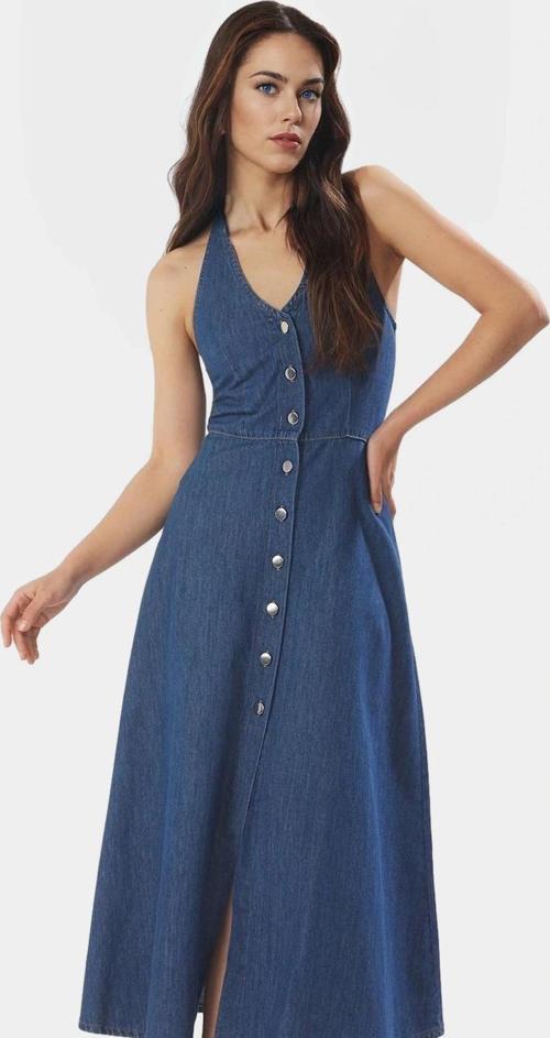 Maxi Denim Elbise Halter Yaka Volanlı Pamuk Günlük Şık Rahat Kullanım Profesyonel Görünüm