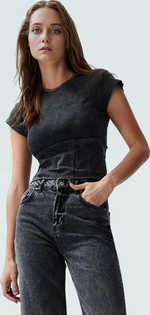 Kadın Örme Bisiklet Yaka Crop Bluz Rahat Günlük Yazlık Tasarım Kullanım Dayanıklı Malzeme