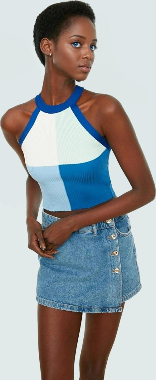 Kadın Crop Halter Yaka Triko Bluz Renk Bloklu Yazlık Günlük Seçkin Malzeme Özel Tasarım Modern Stil