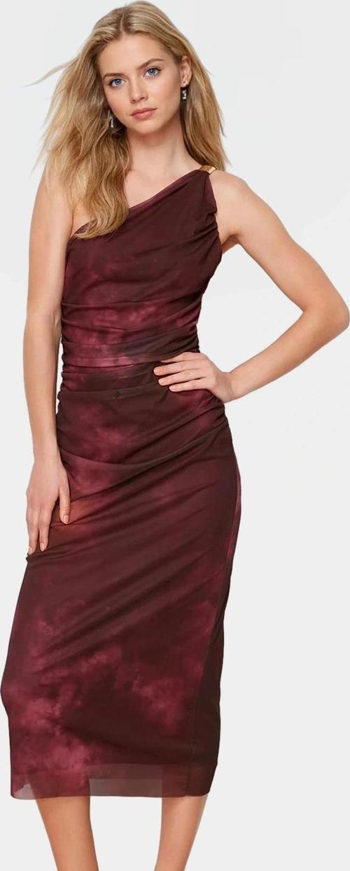 Şık Midi Elbise Tek Omuzlu Örme Tül Kumaş Modern Stil Rahat Ve Özenle Seçilmiş