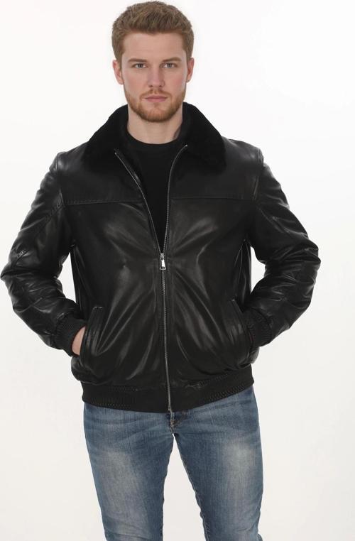Erkek Kış Tarz Derimont Ceket Siyah Hakiki Kuzu Derisi Bomber Model Erkek Mont