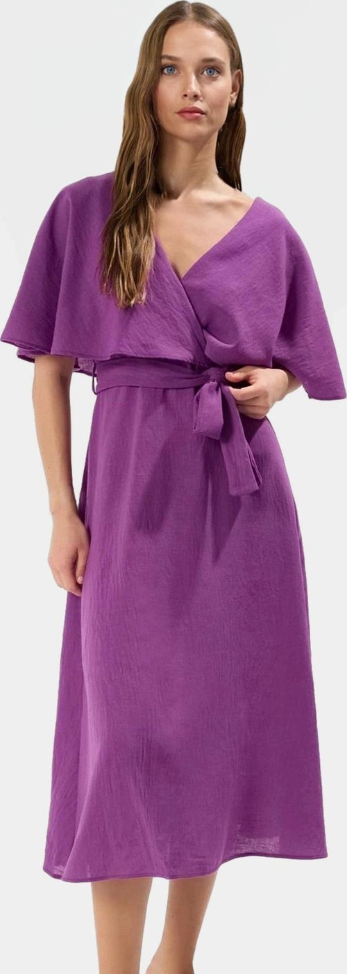 A Kesim Keten Görünümlü Midi Elbise Kısa Melek Kol Astarlı Pelerin Detay Modern Stil