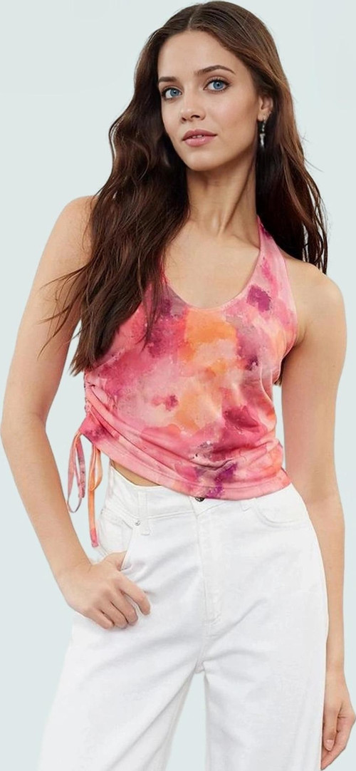 Yazlık Soyut Desenli Crop Bluz Boyundan Bağlamalı Örme Tül Kumaş Modern Stil Şık Görünüm