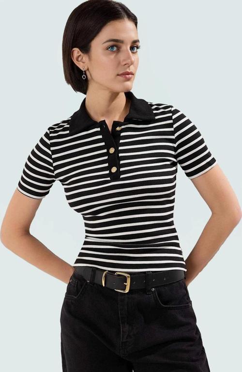 Çizgili Polo Yaka Fitted Örme Bluz Kaliteli İşçilik Dayanıklı Malzeme Özel Tasarım