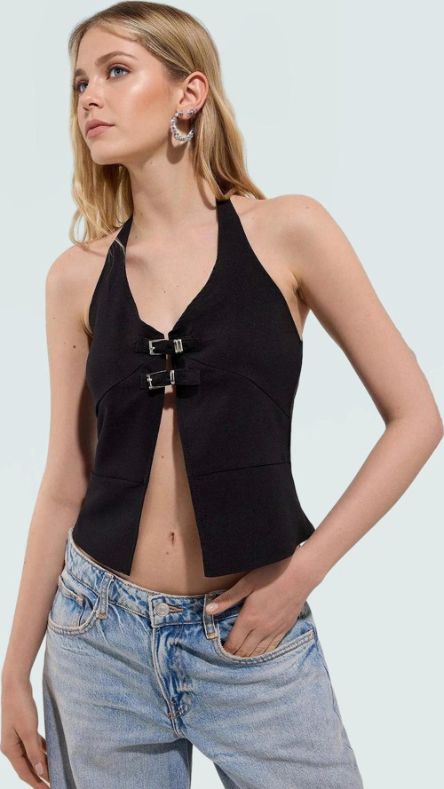 Şık Halter Yaka Kolsuz Bluz Fitted Kalıp Terrycotton Kumaş Zarifane Tasarım Rahat Ve