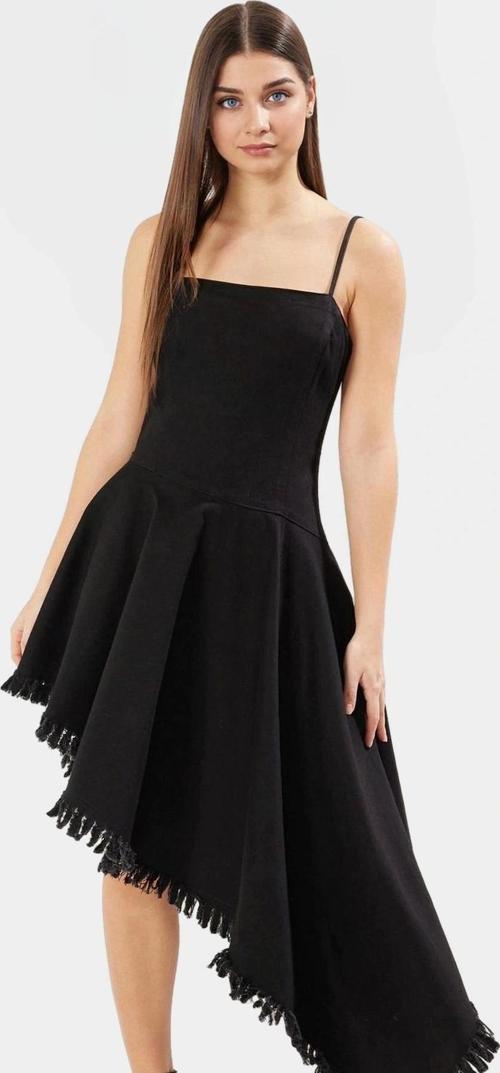 Asimetrik Denim Midi Elbise Kare Yaka Püsküllü Pamuk Günlük Rahat Ve Şık Konforlu Kesim