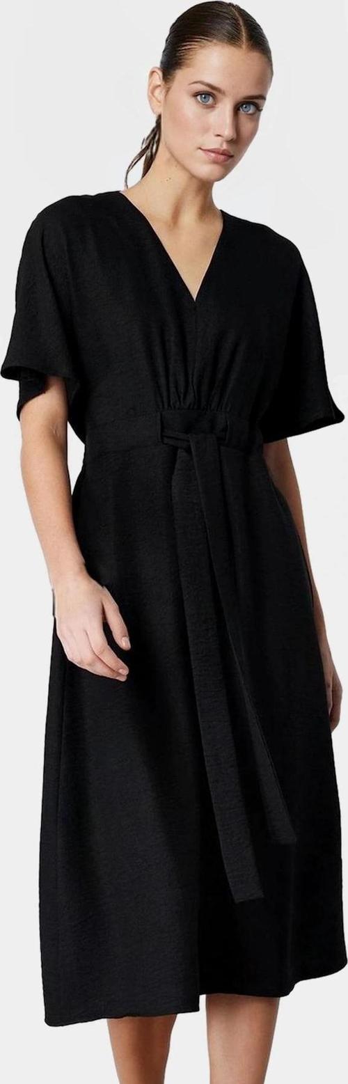 Kadın A Kesim Midi Elbise Keten Görünümlü Polyester Kuşaklı V Yaka Yüksek Kalite Zarifane Tasarım