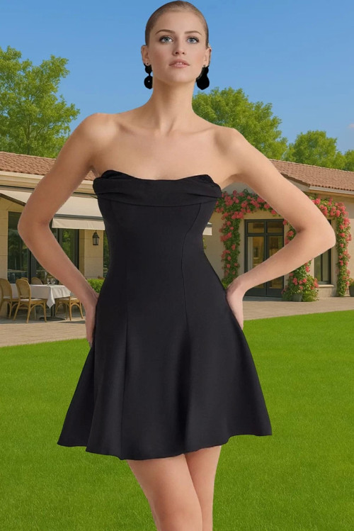 Straplez A Kesim Kısa Dokuma Abiye Elbise Yaz Mezuniyet Modern Stil Uzun Ömürlü Seçkin Malzeme