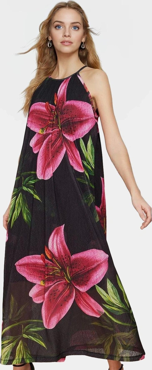 Maxi Boy Çiçekli Halter Yaka Örme Elbise Polyester Yazlık Günlük Trend Tasarım Şık Görünüm
