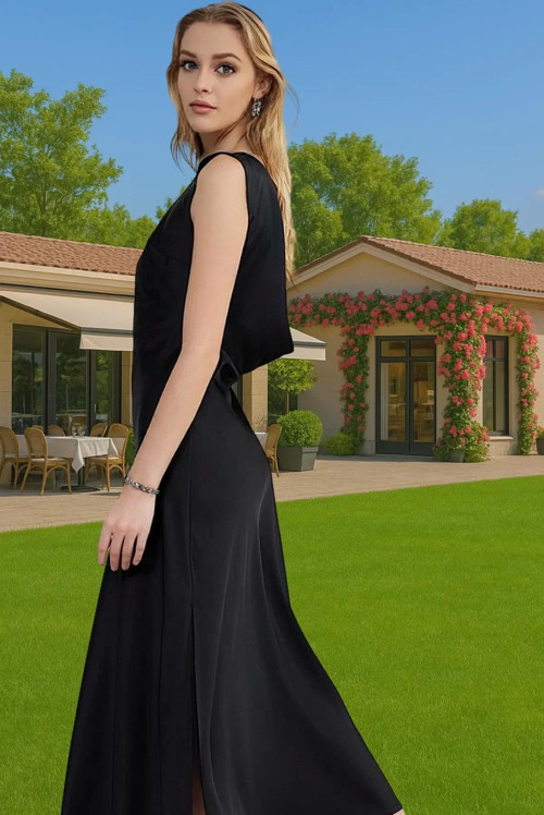 Maxi A Line Bisiklet Yaka Saten Abiye Elbise Polyester Karışımlı Dayanıklı Malzeme Dayanıklı Malzeme