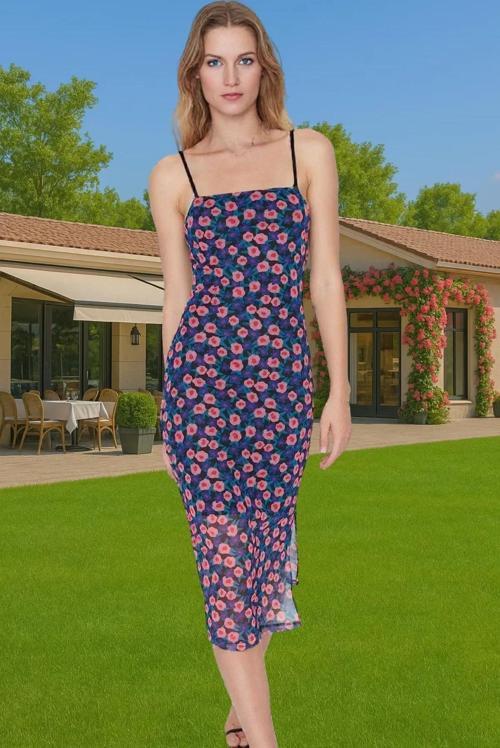 Midi Boy Baskılı Örme Tül Elbise Esnek Kalıp Kare Yaka Yüksek Kalite Kaliteli İşçilik