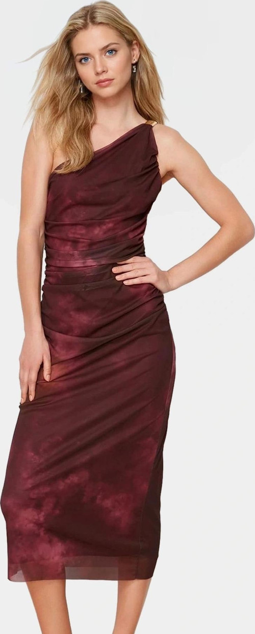 Şık Midi Elbise Tek Omuzlu Örme Tül Kumaş Modern Stil Rahat Ve Özenle Seçilmiş