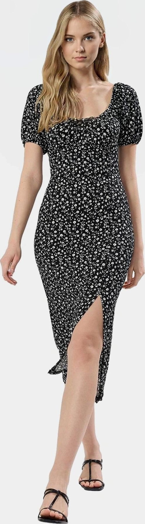 Midi Boy Örme Elbise Kare Yaka Balon Kol Bodycon Kalıp Profesyonel Görünüm Trend Tasarım
