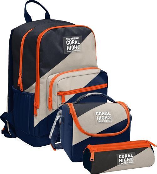 İlkokul ve Ortaokul Okul Çanta Üçlüsü - Erkek Çocuk, Lacivert Bej Renkli Çizgili