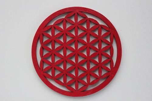 Yaşam Çiçeği Ahşap Bardak Altlığı & Küçük Grid Kırmızı Renkli (10cm)
