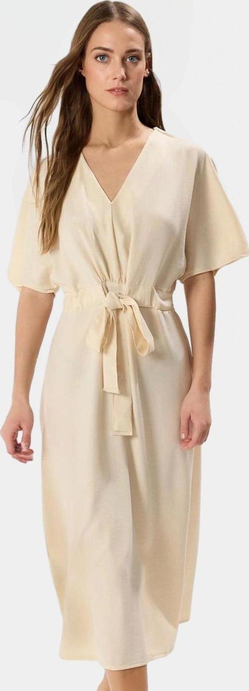 Kadın A Kesim Midi Elbise Keten Görünümlü Polyester Kuşaklı V Yaka Yüksek Kalite Zarifane Tasarım