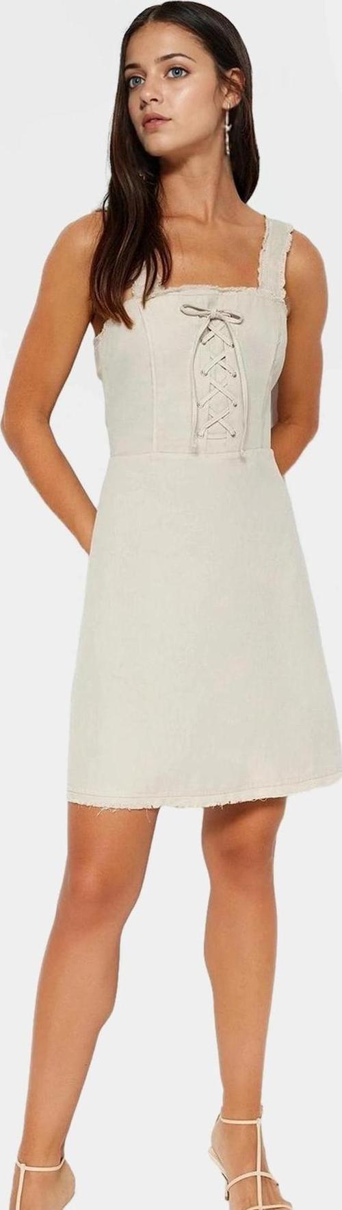 Kadın Mini A Line Gabardin Elbise Bağcıklı Kare Yaka Yazlık Günlük Dayanıklı Malzeme Seçkin