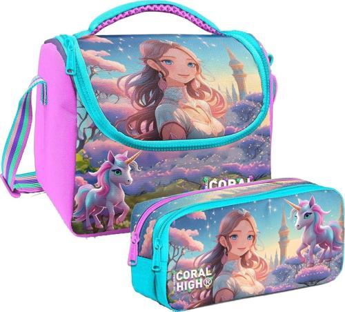 Kız Çocuk Turkuaz Pembe Anime Kız Thermo Beslenme Çantası ve İki Bölmeli Kalemlik Seti
