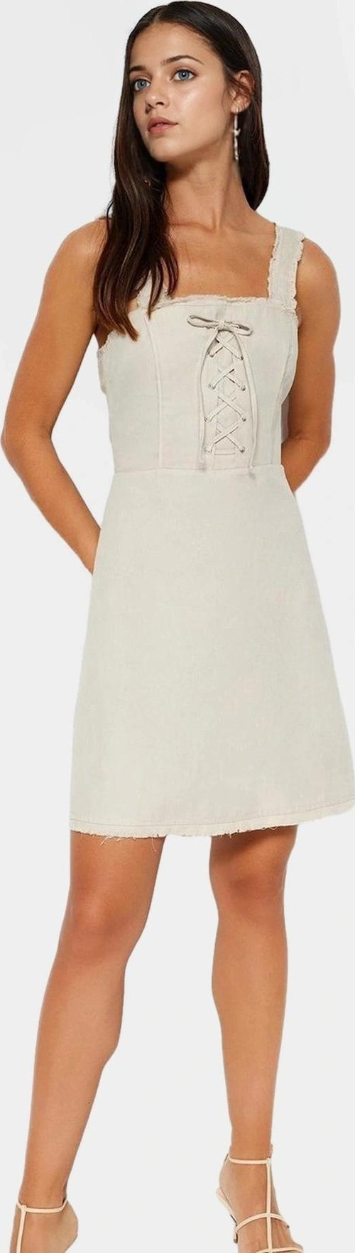 Kadın Mini A Line Gabardin Elbise Bağcıklı Kare Yaka Yazlık Günlük Dayanıklı Malzeme Seçkin