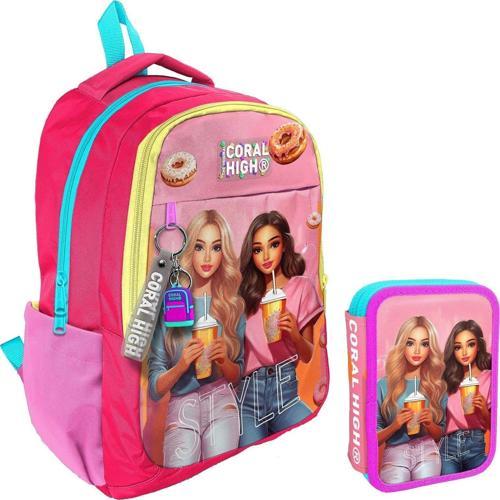 Pembe Kırmızı Fashion Girl Kız Çocuk Okul Çantası ve Organizer Kalemlik Seti 23669+11141