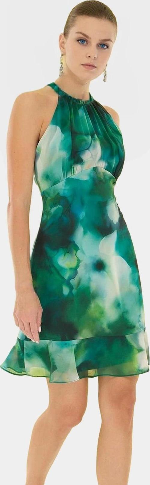 Şifon Mini Elbise Çiçek Desenli Halter Yaka Yazlık Astarlı Premium Kalite Zarifane Tasarım