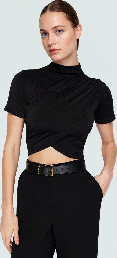 Kadın Kısa Kollu Örme Crop Bluz Dik Yaka Şık Yazlık Rahat Ve Dayanıklı Malzeme