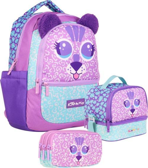 Kids Kız Çocuk Üçlü İlkokul 1.2.3.4. Sınıf Okul Çanta Seti - Sevimli Aslan Şekilli - Mor