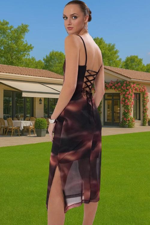 Midi Boy Baskılı Örme Tül Elbise Esnek Kalıp Kare Yaka Yüksek Kalite Kaliteli İşçilik