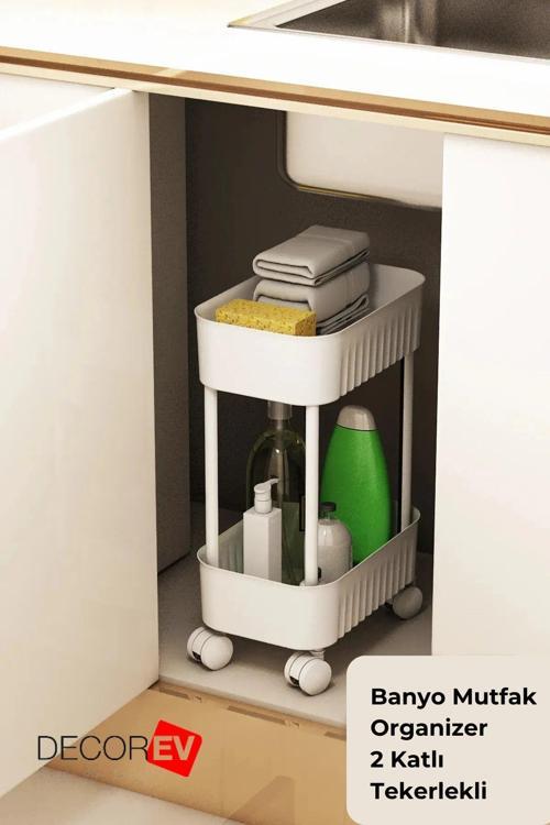 2 Katlı Tekerlekli Çok Amaçlı Raf – Banyo & Mutfak Organizer Düzenleyici