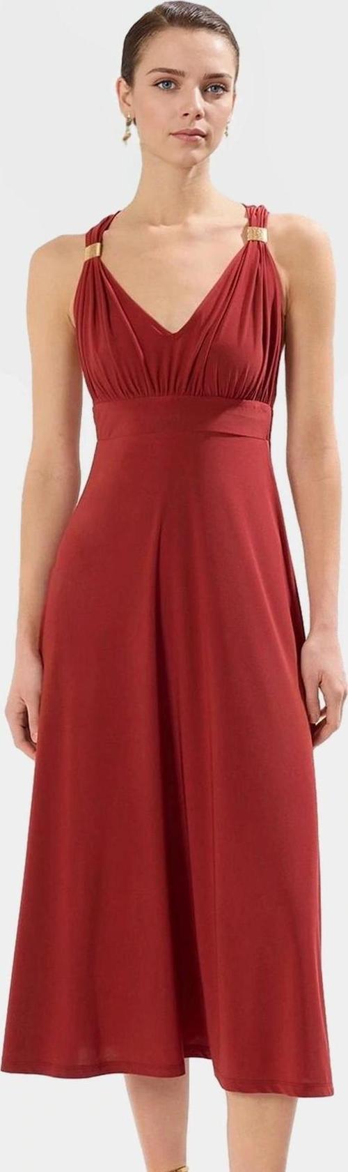 Şık V Yaka Midi Elbise Aksesuar Detaylı Örme Kumaş Günlük Tarz Seçkin Malzeme Rahat Kullanım