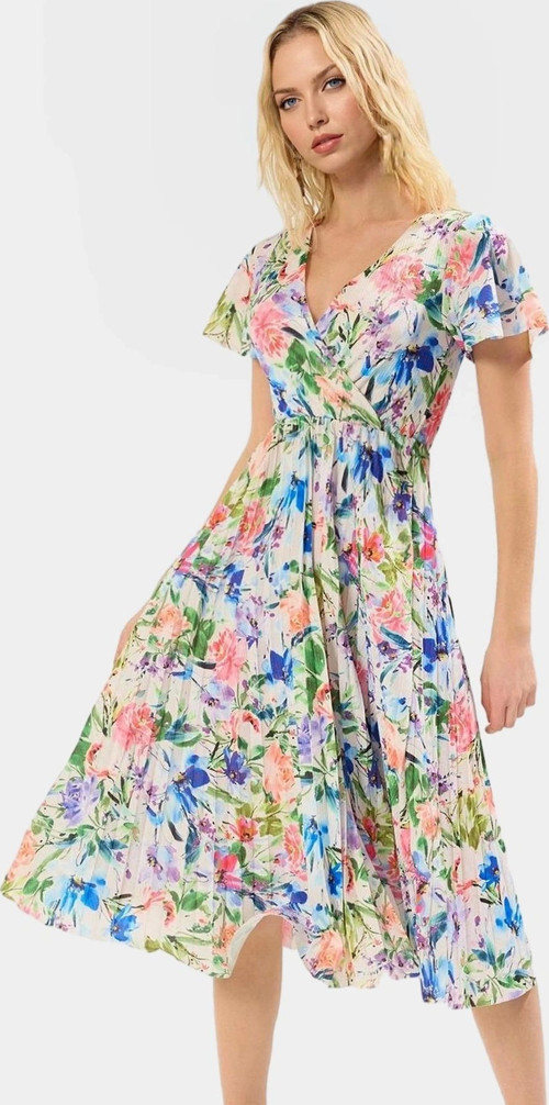 Çiçekli Desenli Midi Boy Piliseli Elbise 95% Polyester Rahat Günlük Stil Yüksek Kalite