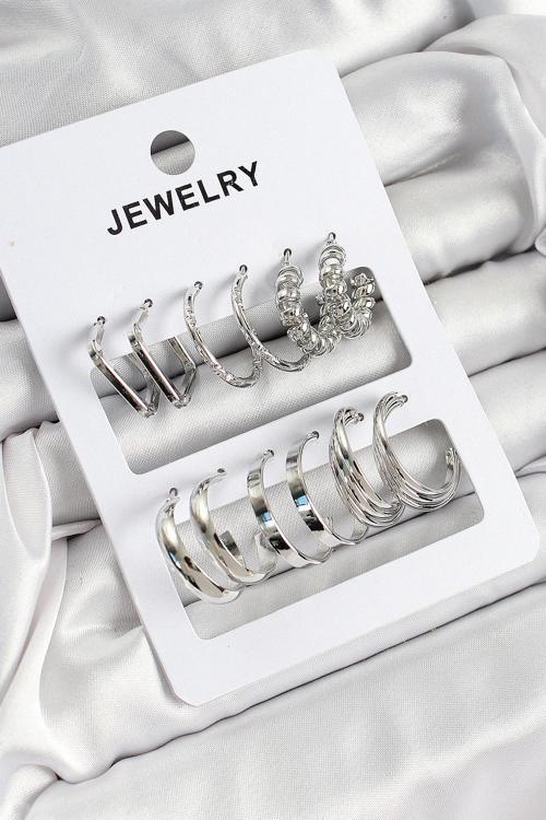 Pirinç Karışık Halka Model Gümüş Renk 6 Çift Kadın Küpe Set - EBJ250711W36546