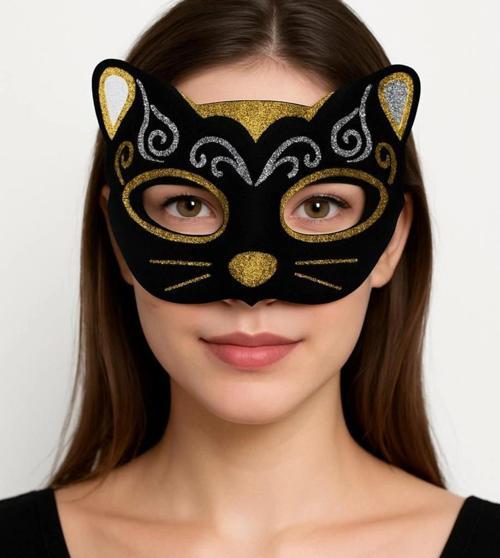 Nessiworld Kadife Dokulu Sim Detaylı Işıltılı Kedi Maskesi Altın Gümüş 20x13 cm