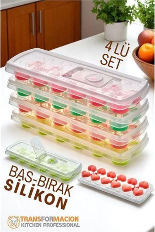 Buz Kalıbı - Bas-Bırak Kapaklı Silikon Buz Kalıbı 4'lü SET