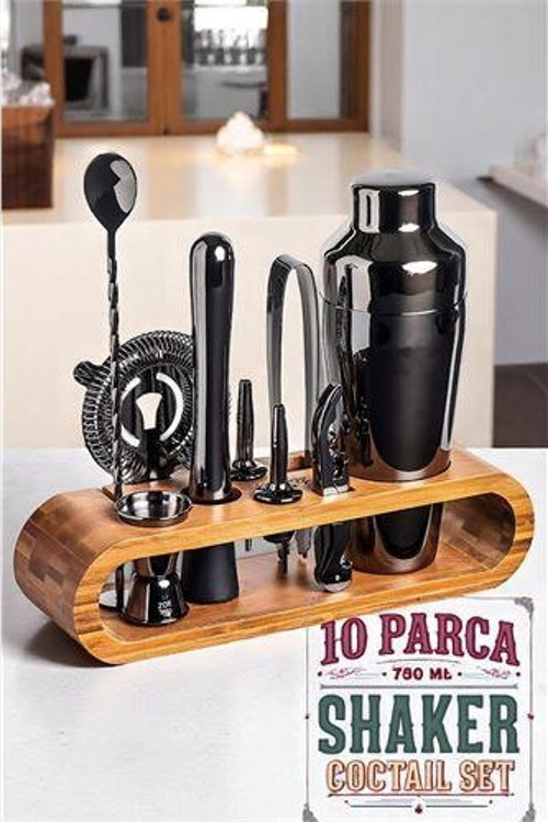 Shaker Kokteyl Set - 10 Parça 750 ML Shaker Coctail Set Bambu Standlı